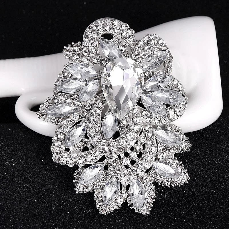 Oversized Luxury Crystal Rhinestone Flower Brooch, Elegant Bridal Bouquet Lapel Pin Corsage Gift