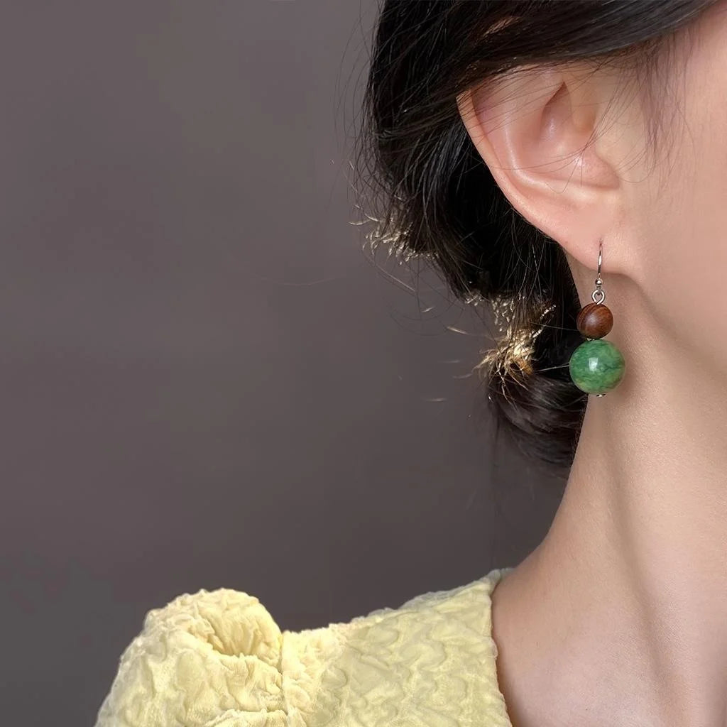 Vintage Chinese Style Meiling Mine Turquoise Round Geometric Drop Earrings Handmade Palace Jewelry