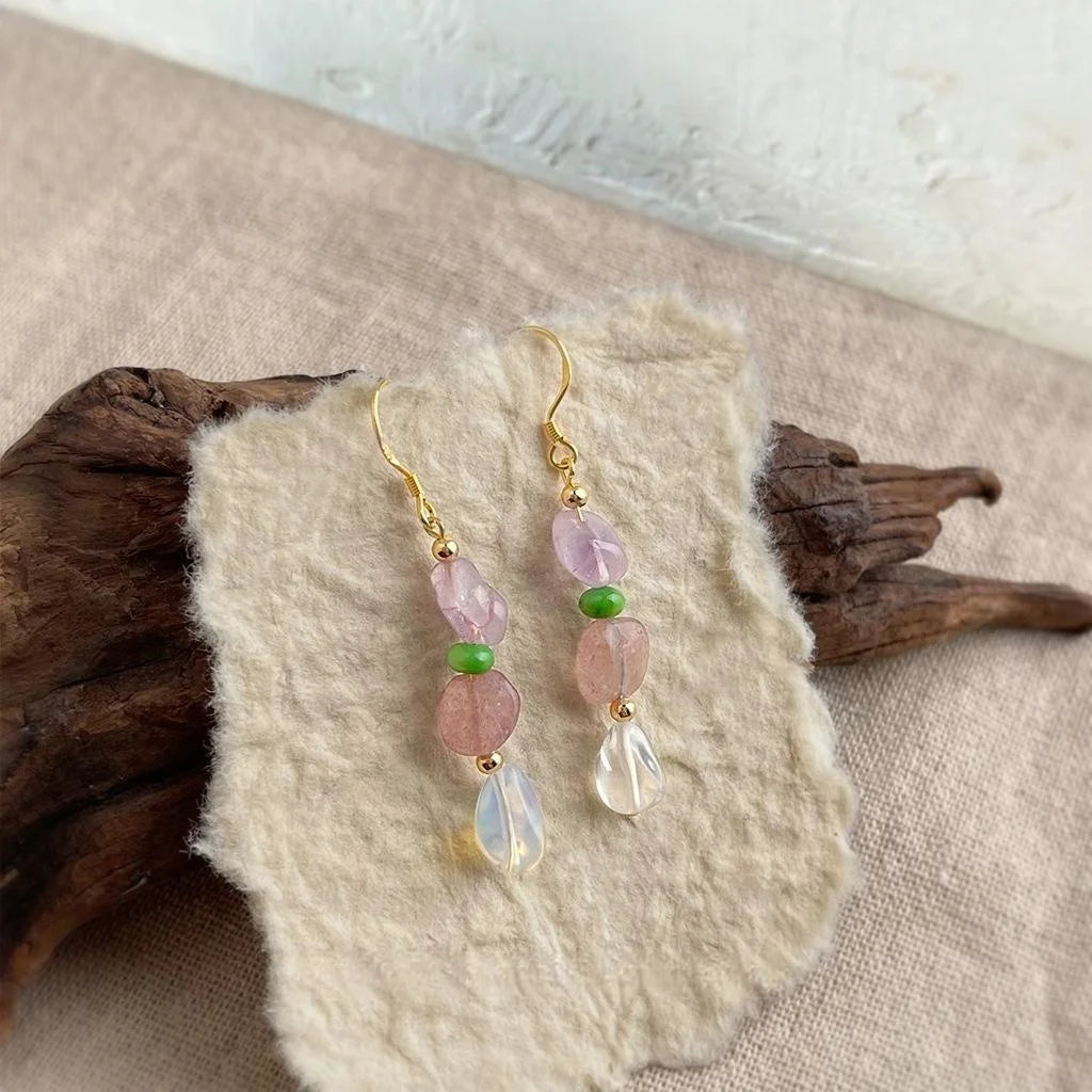 Handmade Natural Stone Drop Earrings With Strawberry Quartz Amethyst Irregular Geometric Pastoral Style