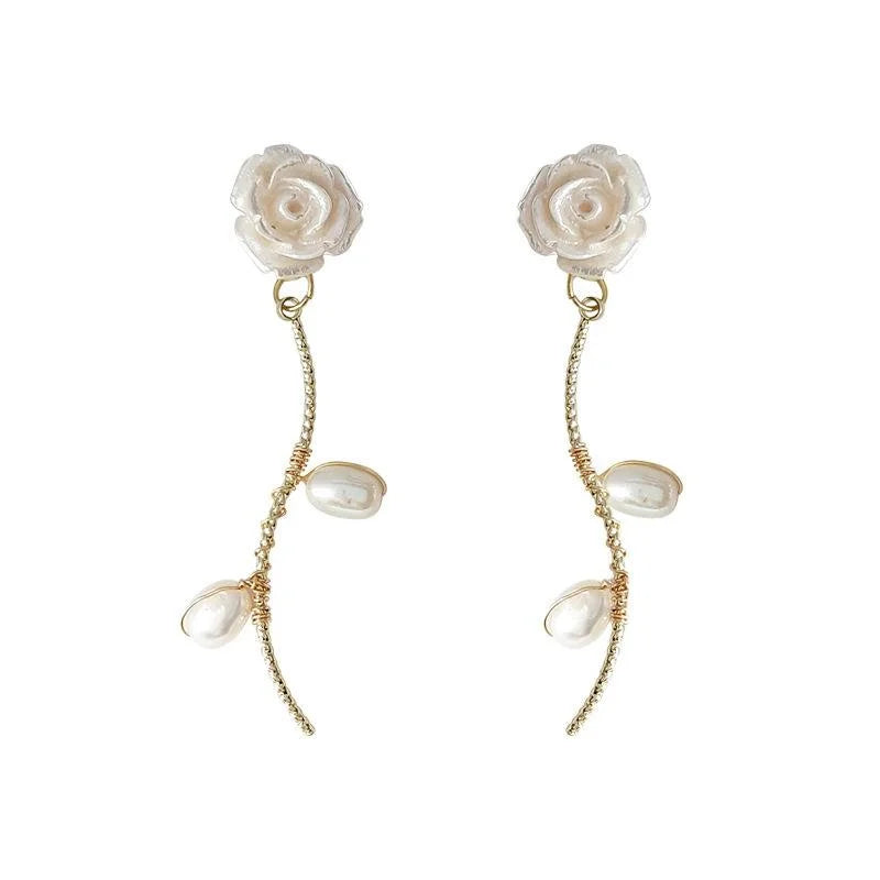 Sweet Floral Freshwater Pearl 14K Plated Copper Tassel Stud Earrings For Women