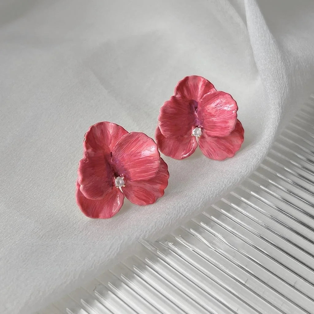 14K Plated Copper 3D Floral Petal Stud Earrings With Red Wave Korean Japanese Style