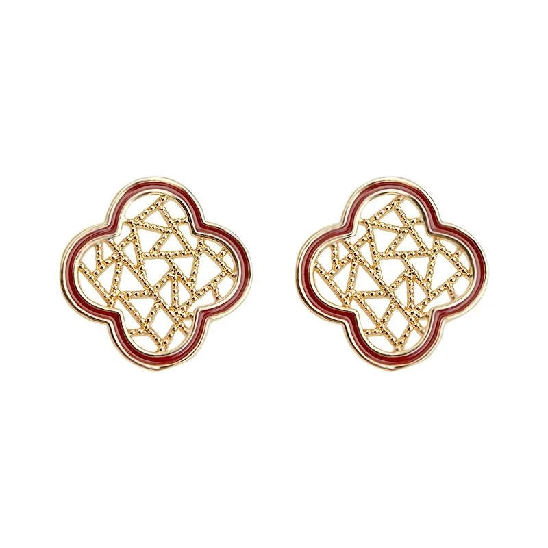 Vintage Floral Geometric Hollow Window Pattern 14K Gold Plated Copper Stud Earrings