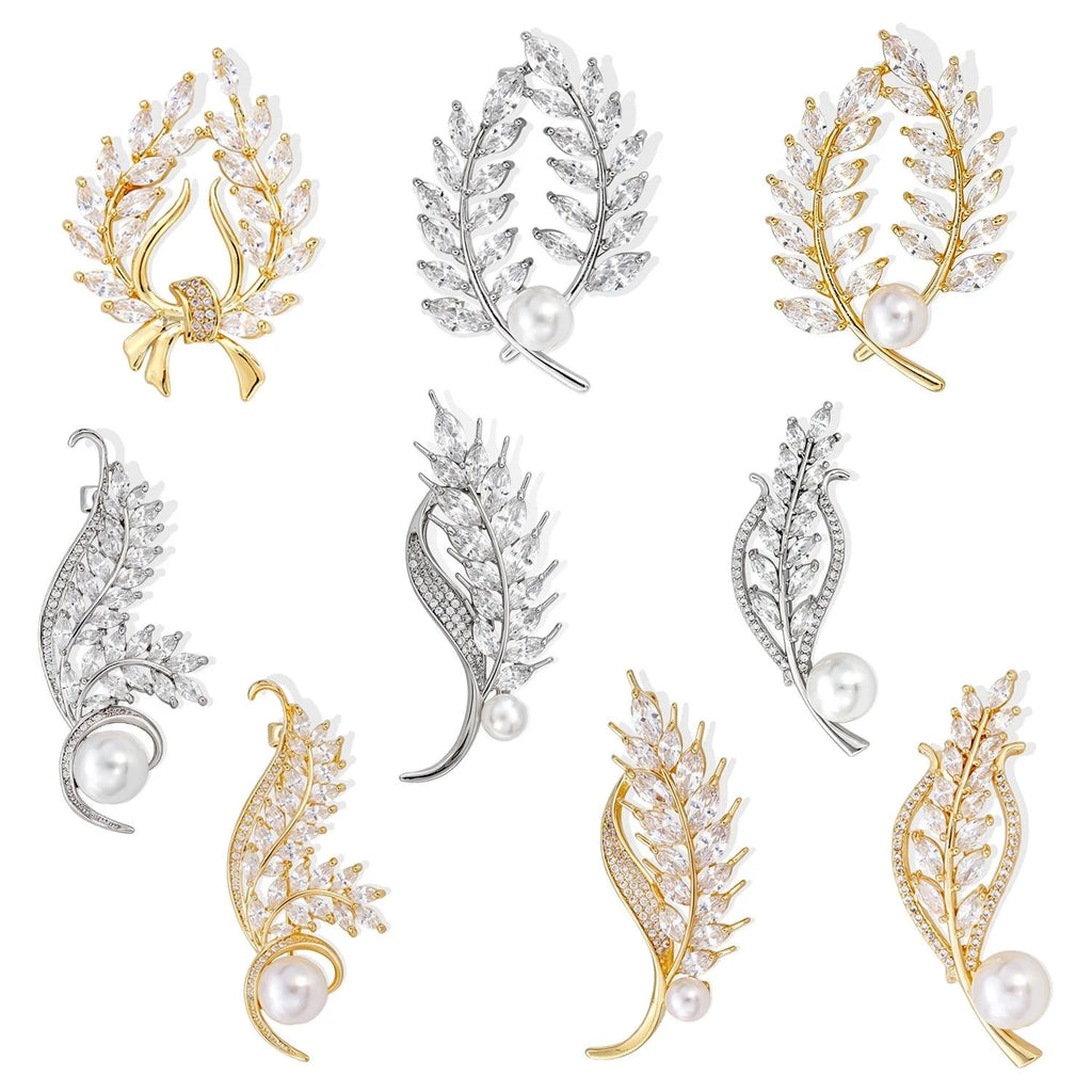 Luxury Wheat Leaf Rhinestone Pearl Alloy Brooch For Women, Elegant Lapel Pin Corsage Suit Accessory