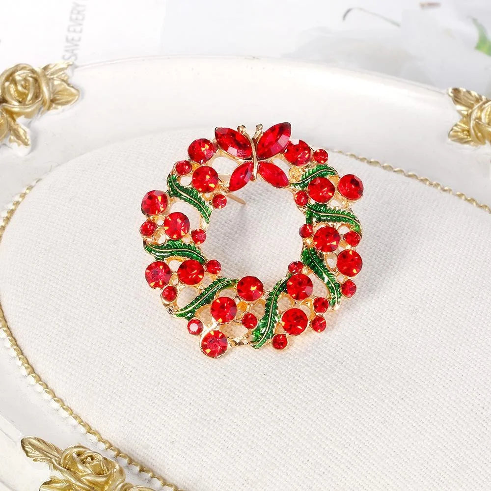 Elegant Christmas Wreath Brooch With Red Rhinestones And Green Enamel, Festive Lapel Pin Gift