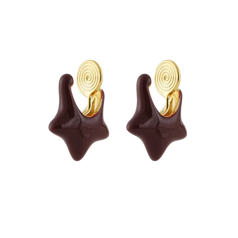 Vintage Red Enamel Five-Point Star Alloy Stud & Clip On No Piercing Gold Hoop Statement Earrings