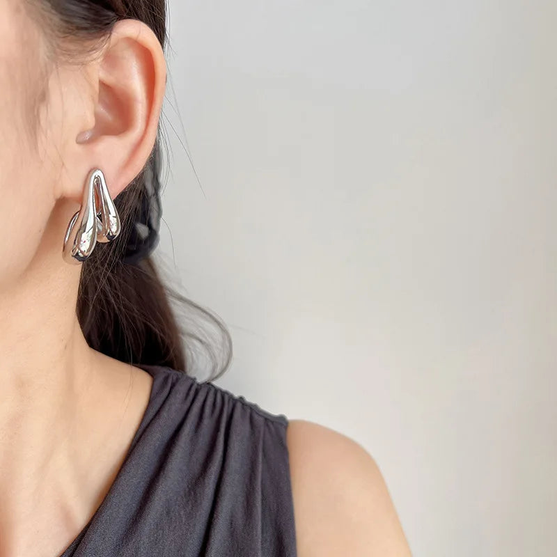 Elegant Silver Alloy Abstract Teardrop Waterdrop Stud & Clip On No Piercing Statement Earrings