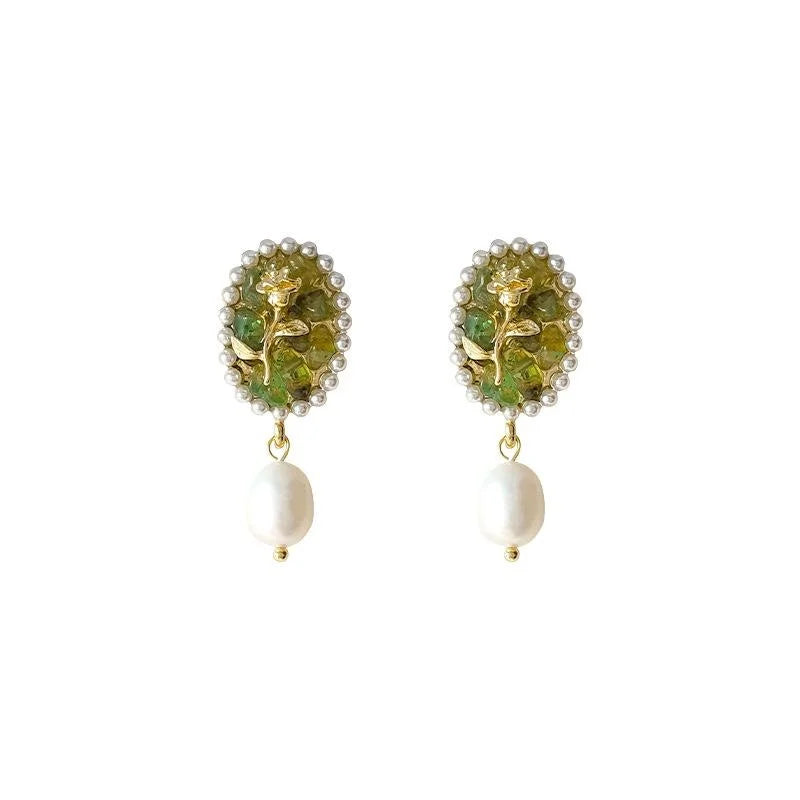 14K Plated Copper Green Peridot And Freshwater Pearl Floral Stud Earrings French Vintage Handmade