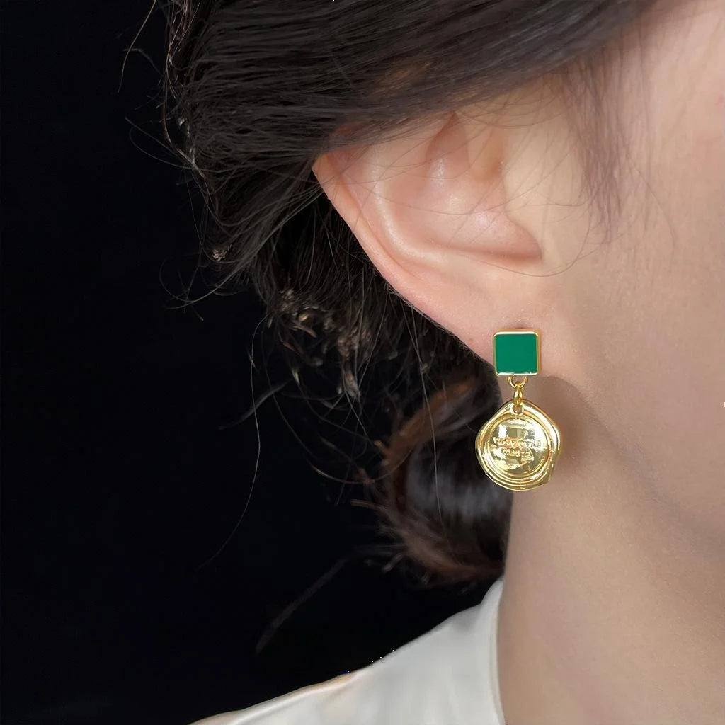 French Style 14K Plated Copper Green Enamel Geometric Drop Earrings