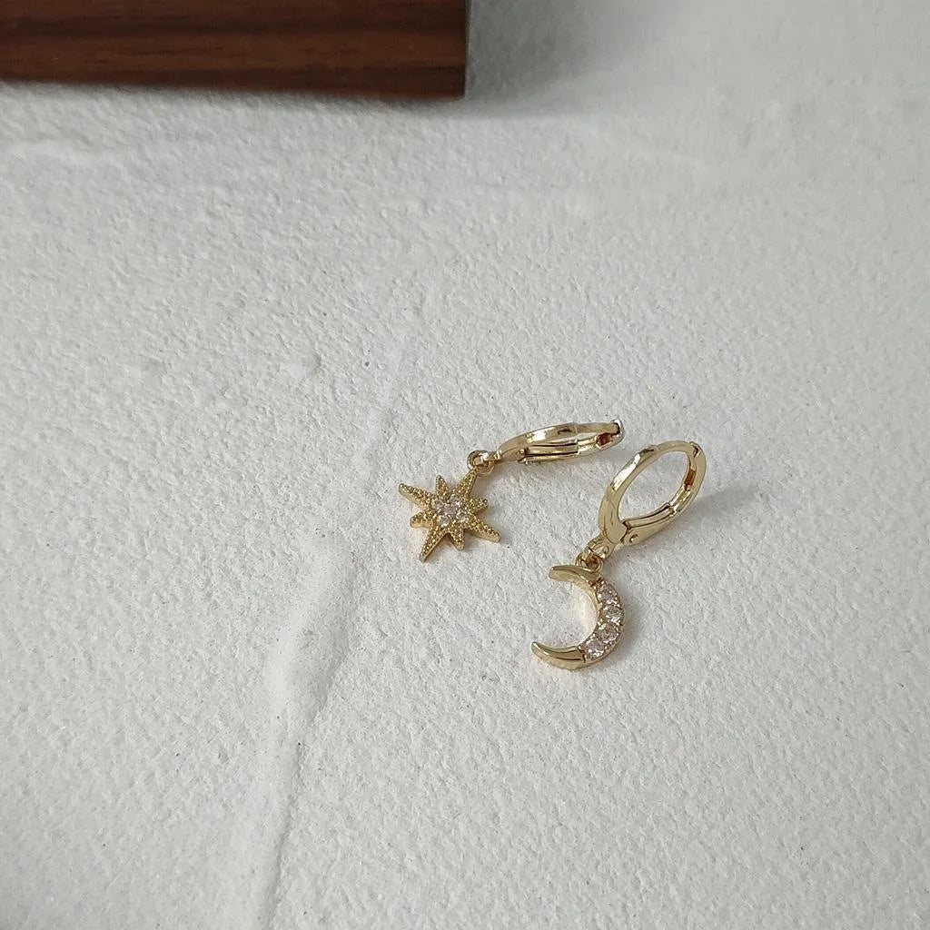 14K Gold Plated Zircon Star Moon Hoop Earrings Korean Minimalist Eight Point Design