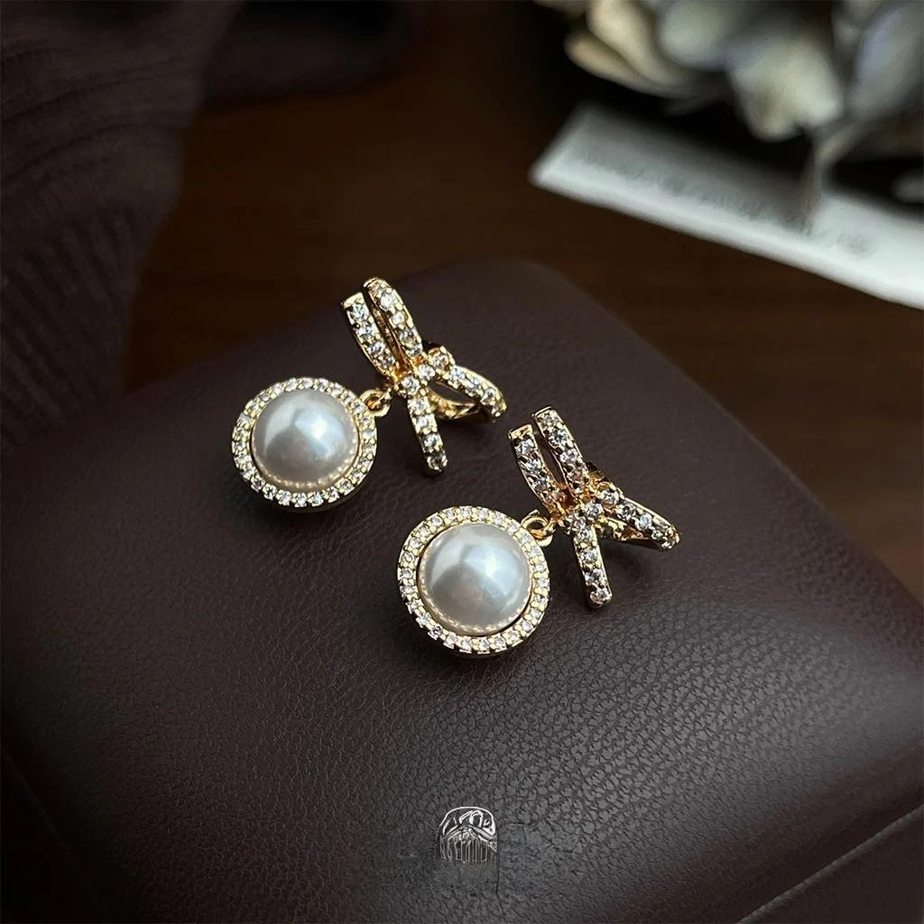 French Vintage Bow Drop Earrings Eco-Friendly Copper Pearl Micro Pave Zircon Hepburn Style Jewelry