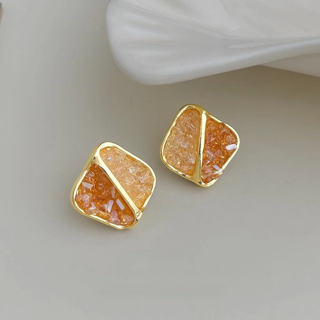 Vintage Geometric Gradient Glass Crystal Stud Earrings Copper Sunset Orange Chic Jewelry