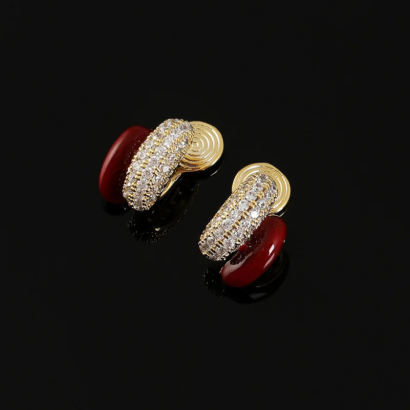 Elegant Red Enamel Bean Hoop Zircon Stud & Clip On No Piercing Luxury Alloy Half Circle Earrings