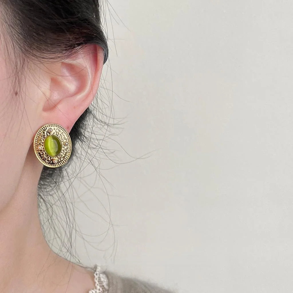 French Vintage Green Glass Cat Eye Oval Pearl Copper Stud Earrings Elegant Geometric Jewelry