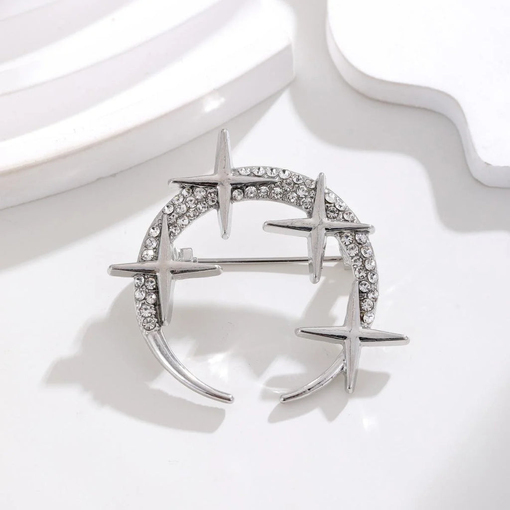 Elegant Rhinestone Crescent Moon And Star Alloy Brooch For Women, Sparkling Lapel Pin Corsage Gift