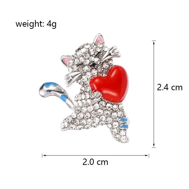 Cute Rhinestone Cat Hugging Red Heart Brooch, Gold Alloy Enamel Lapel Pin Corsage Gift For Women