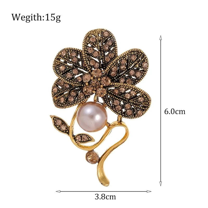 Vintage Antique Gold Flower Brooch With Brown Rhinestones And Pearl, Elegant Floral Lapel Pin Suit Accessory