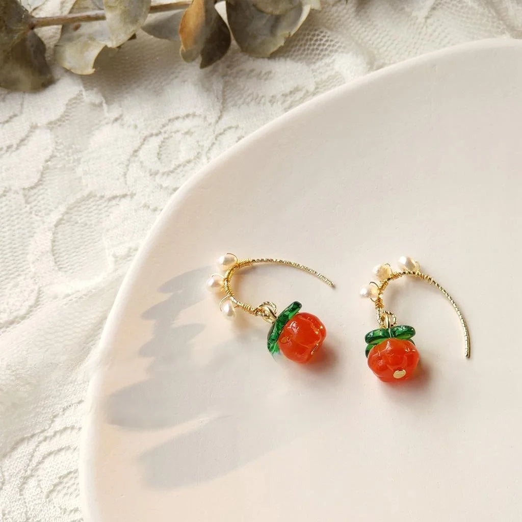 Vintage New Chinese Handmade Glass Persimmon Freshwater Pearl Drop Earrings Autumn Fruit Jewelry
