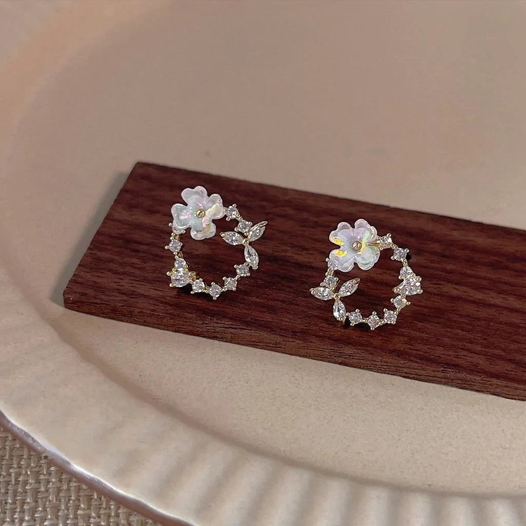 Sweet Floral Micro Pave Zircon Copper Stud Earrings, Colorful Flower Wreath Design