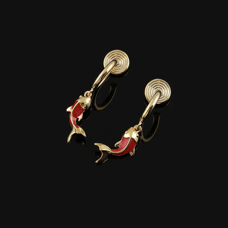 Elegant Chinese Style Red Enamel Koi Fish Hoop Dangle Stud & Clip On No Piercing Alloy Earrings