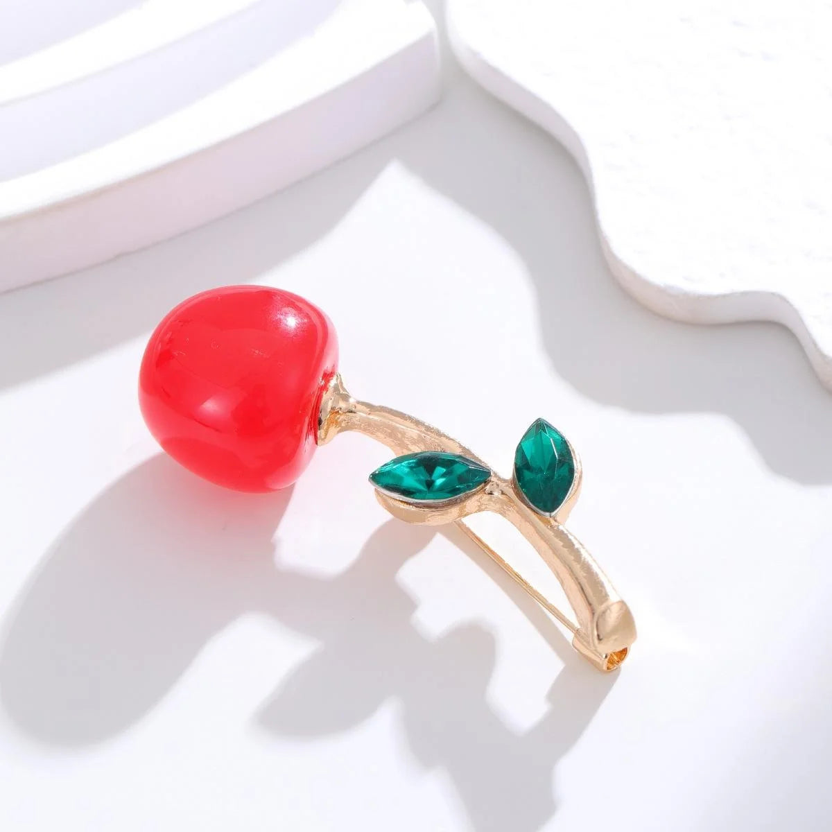 Cute Red Cherry Alloy Brooch With Green Rhinestone Leaves, Elegant Fruit Lapel Pin Gift For Women