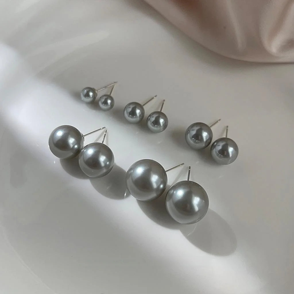 Light Luxury Cool Gray Glass Pearl Geometric Round Stud Earrings With Silver Plated Pins