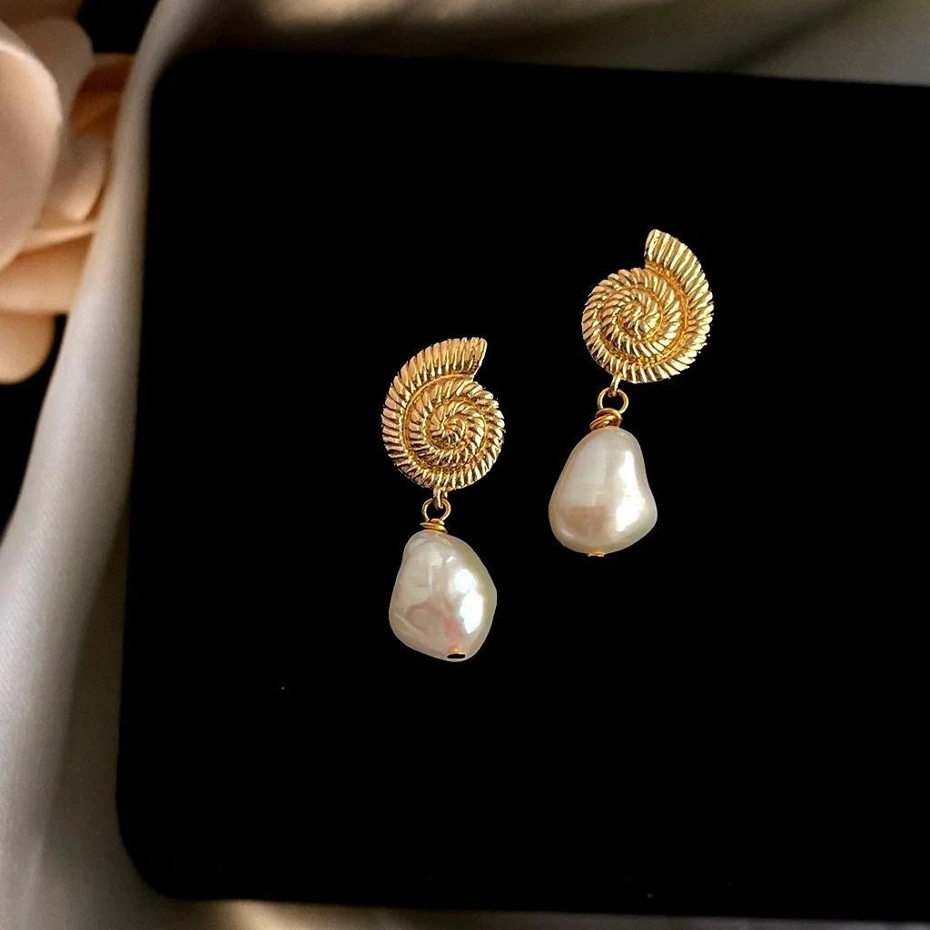 Vintage Baroque Irregular Freshwater Pearl Conch Copper Drop Earrings For Women