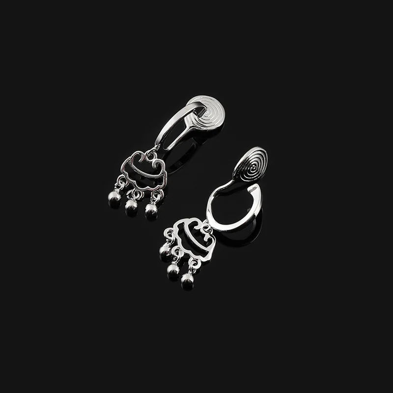Vintage Silver Tone Alloy Peace Lock Spiral Hoop Tassel Elegant Stud & Clip On No Piercing Earrings