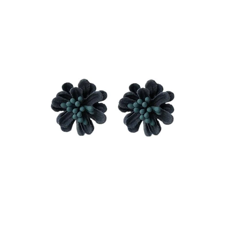 Vintage Haze Blue Fabric Rose Flower Drop Earrings Handmade 3D Floral Statement Jewelry