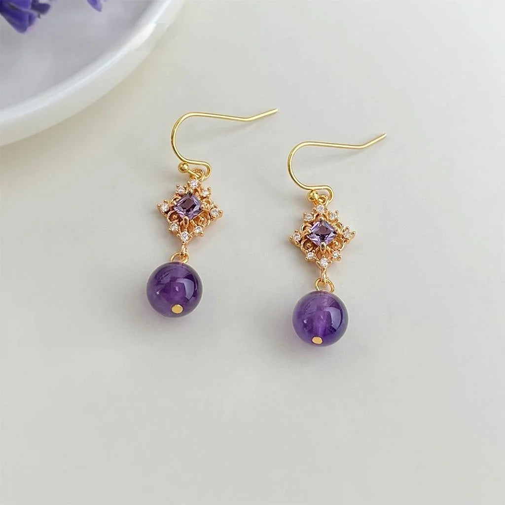 Handmade Copper Lavender Amethyst Zircon Floral Geometric Tassel Drop Earrings Court Style