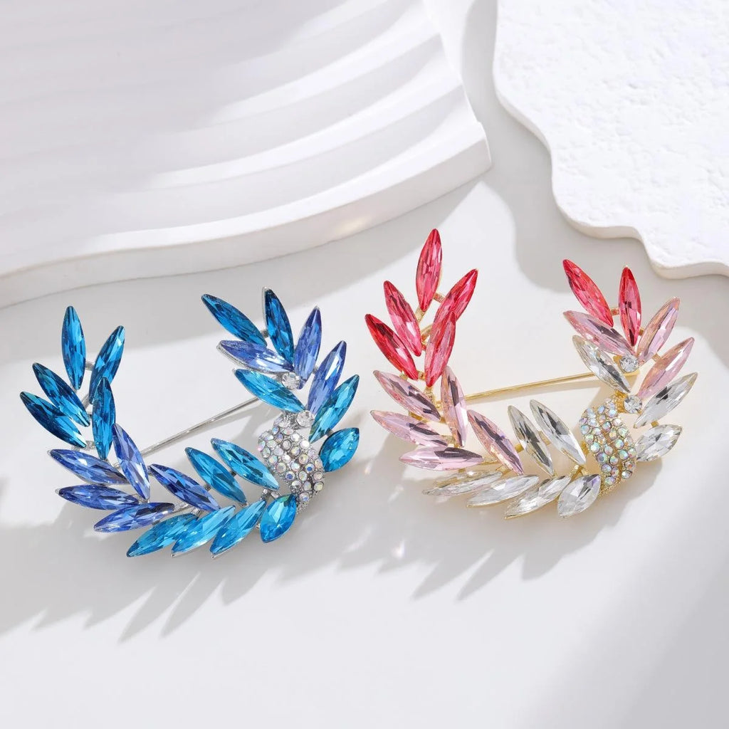 Elegant Blue Crystal Wheat Leaf Brooch With Rhinestone Accent, Luxury Alloy Lapel Pin Corsage Gift