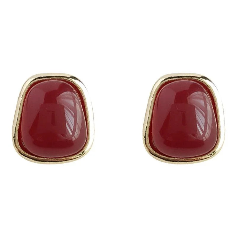 14K Gold Plated Copper Burgundy Geometric Stud Earrings French Vintage Jewelry
