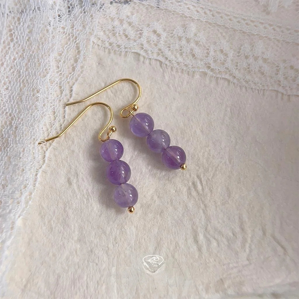 New Chinese Purple Natural Stone Crystal Grape Cluster Drop Earrings Handmade Vintage Elegant Jewelry
