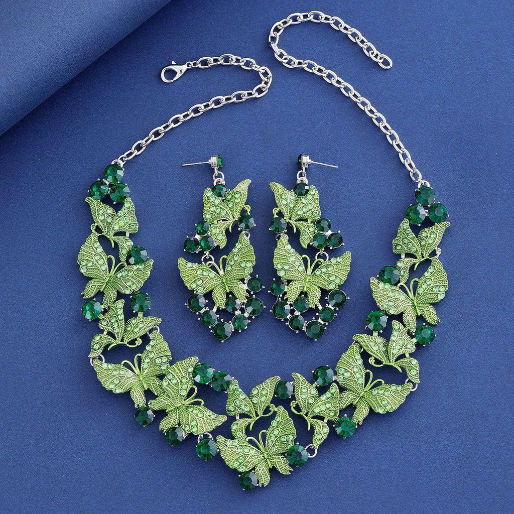 Luxury Rhinestone Butterfly Earrings And Necklace Jewelry Set For Women, Alloy Crystal Bridal Banquet Party Jewelry