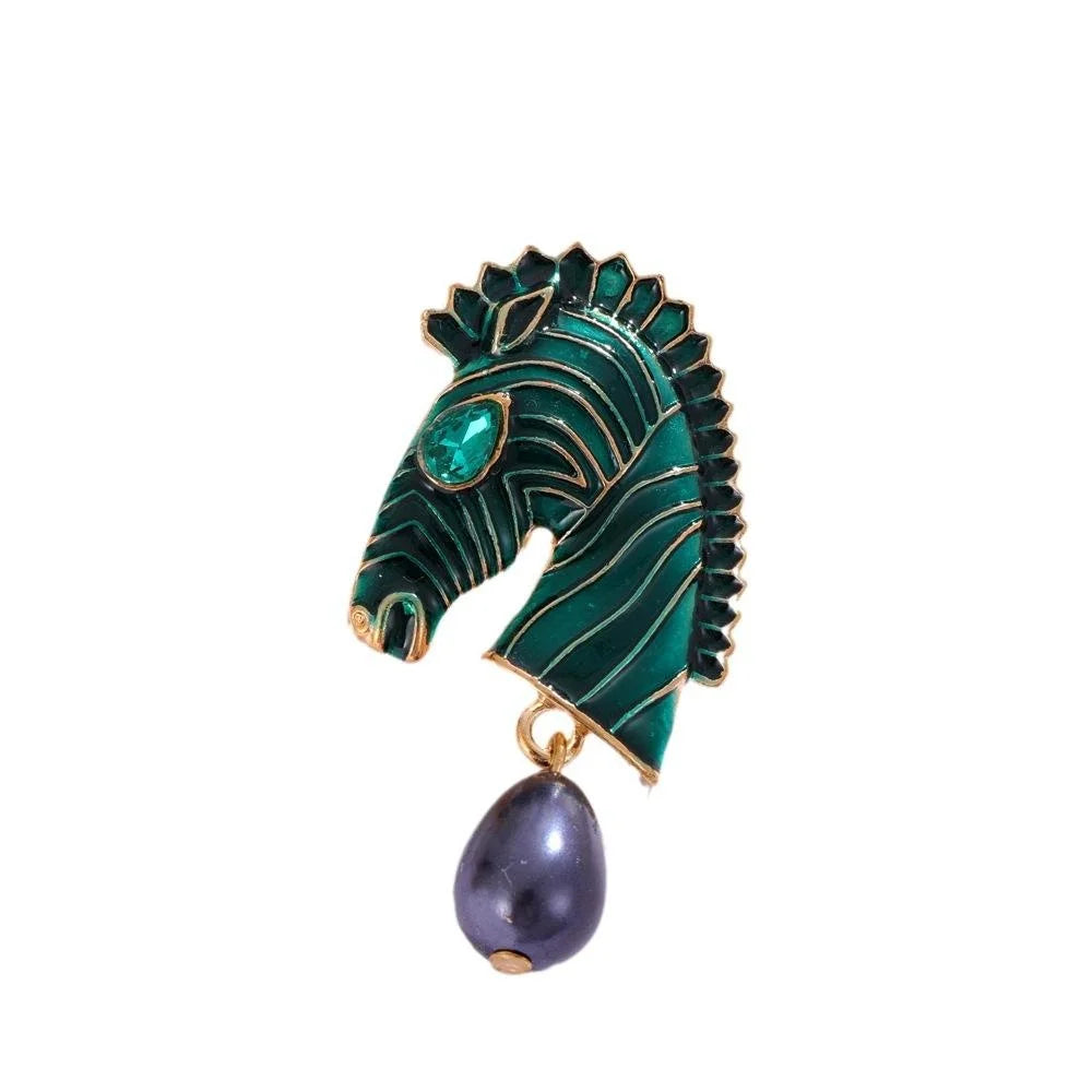 Vintage Zebra Horse Head Enamel Brooch With Green Rhinestone Eye And Pearl Drop, Elegant Lapel Pin Gift