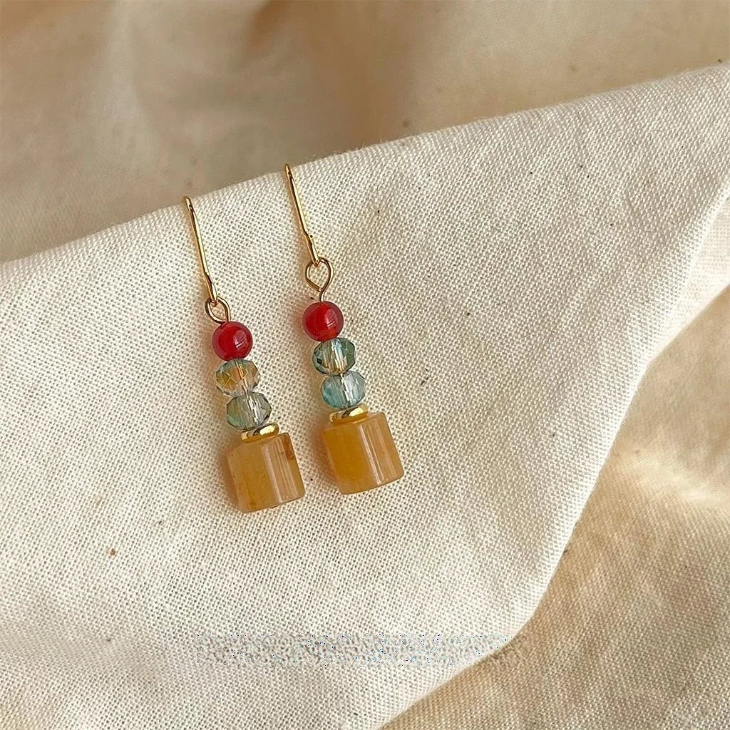 Handmade Natural Stone Geometric Drop Earrings Vintage Chinese Style Round Oval Hexagon Jewelry