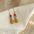 Handmade Natural Stone Geometric Drop Earrings Vintage Chinese Style Round Oval Hexagon Jewelry