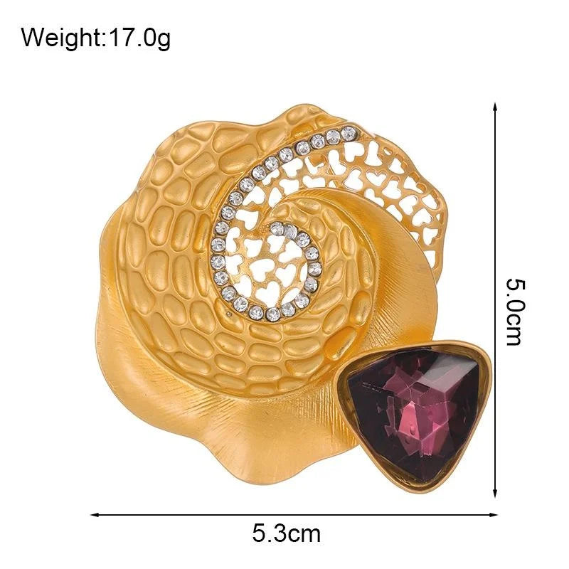 Vintage Gold Rose Flower Brooch With Purple Glass Stone And Rhinestones, Elegant Lapel Pin Suit Accessory