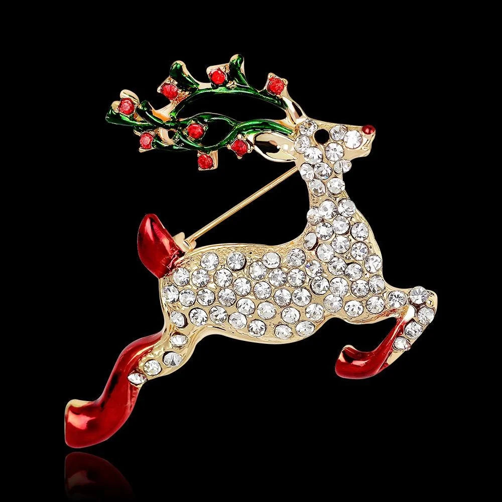 Luxury Christmas Reindeer Rhinestone Enamel Alloy Brooch, Elegant Deer Lapel Pin Corsage Suit Accessory Gift