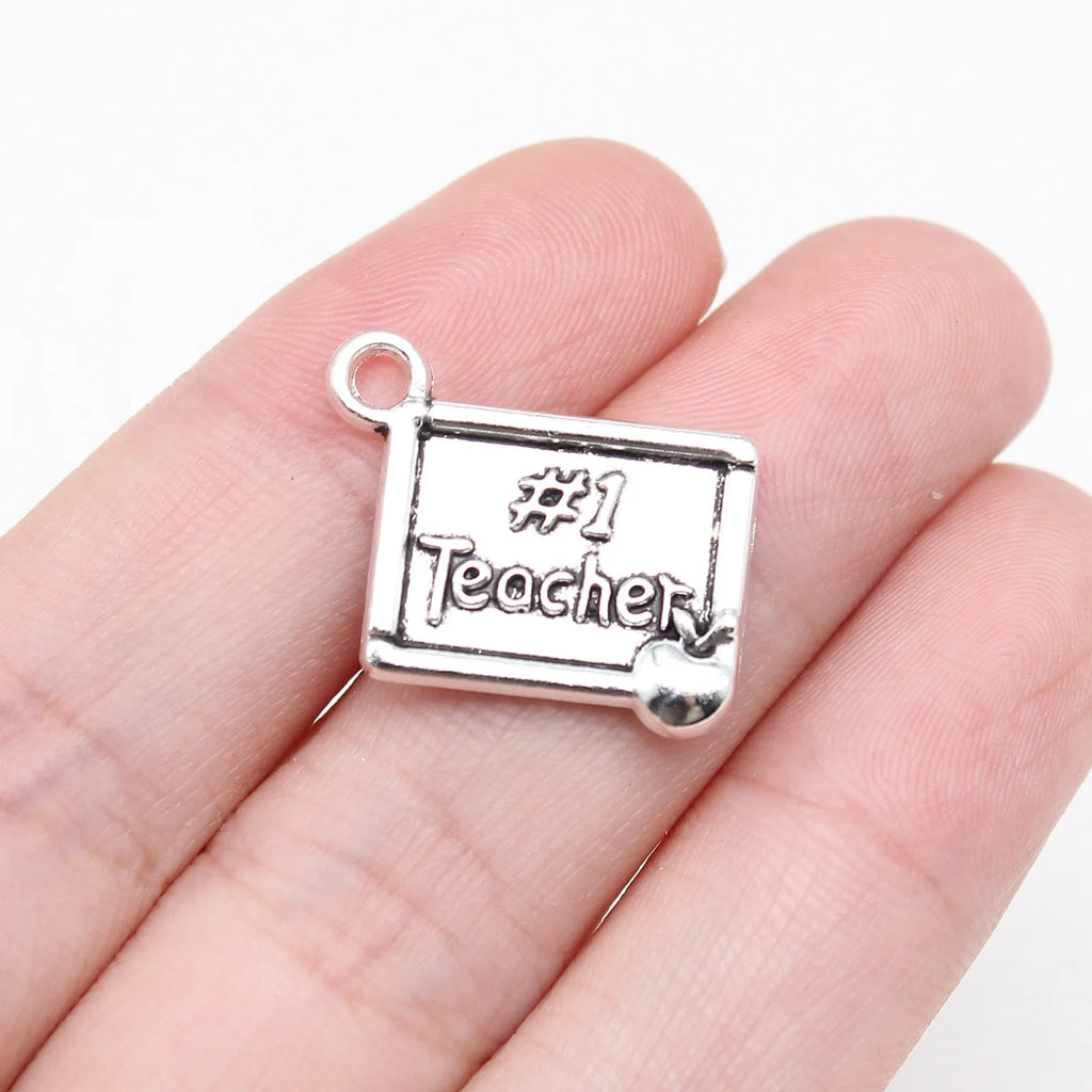 15x19mm 1.7g Antique Silver Zinc Alloy #1 Teacher Charm Pendant for School Theme DIY Jewelry Making