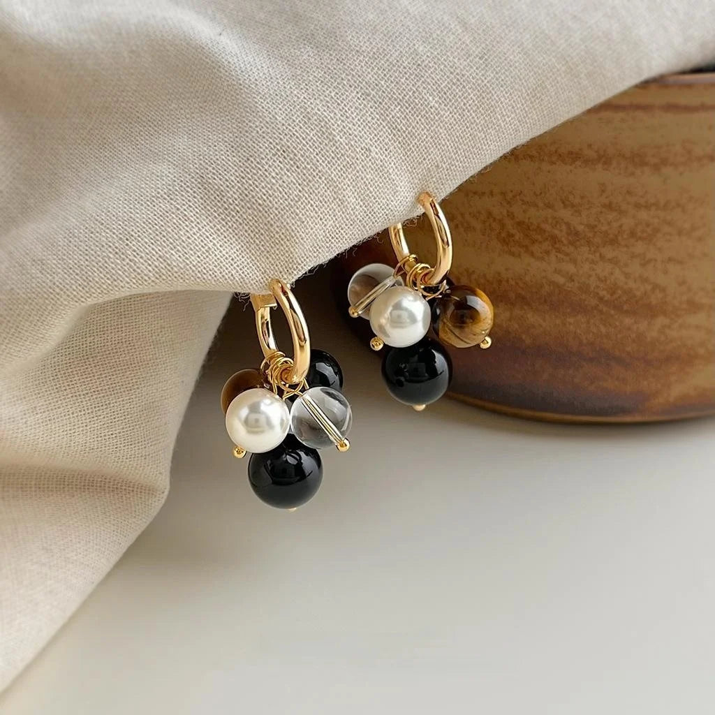 Maillard Style Tiger Eye Stone Glass Pearl Geometric Round Copper Drop Earrings