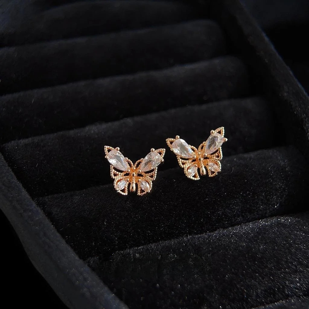 Mini Micro Pave Zircon Butterfly Copper Stud Earrings For Women Sweet Minimalist Jewelry
