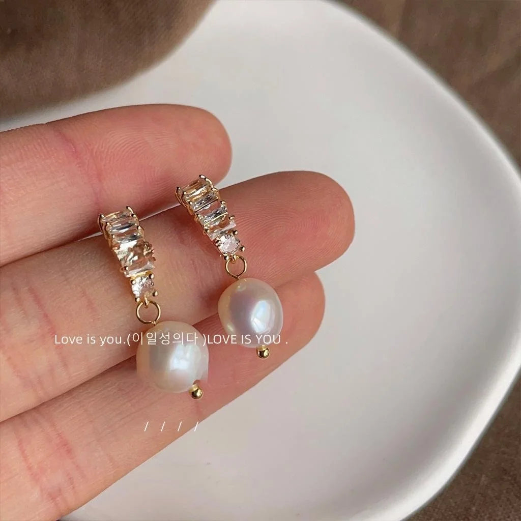 Light Luxury Irregular Freshwater Pearl Stud Earrings With Micro Pave Zircon Curved Copper Design