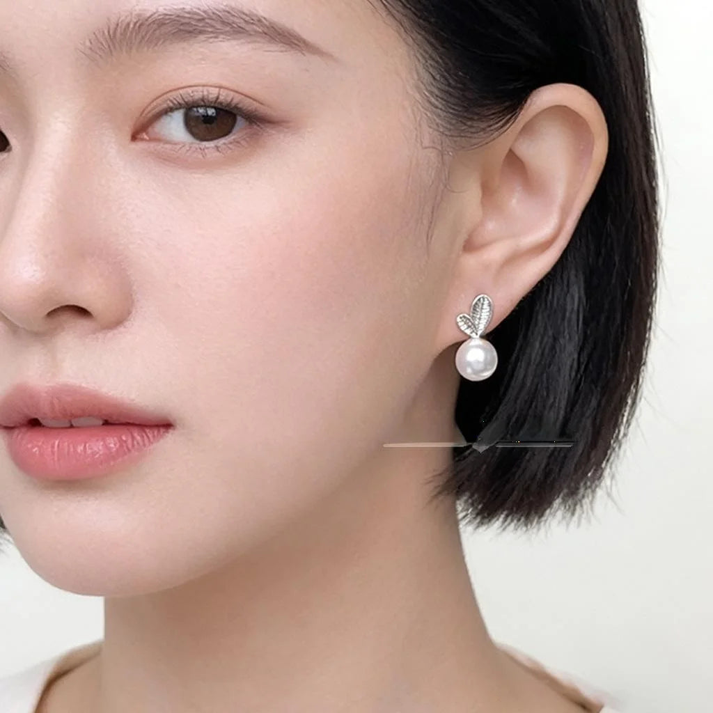 Minimalist Copper Leaf Pearl Drop Earrings For Women Cute Creative Commuter Jewelry