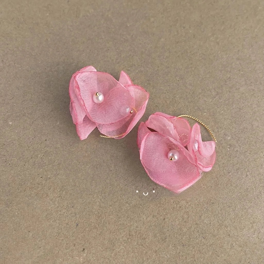 Vacation Style Pink Mesh Handmade Flower Drop Earrings With Lustrous Pearl French Romantic Jewelry