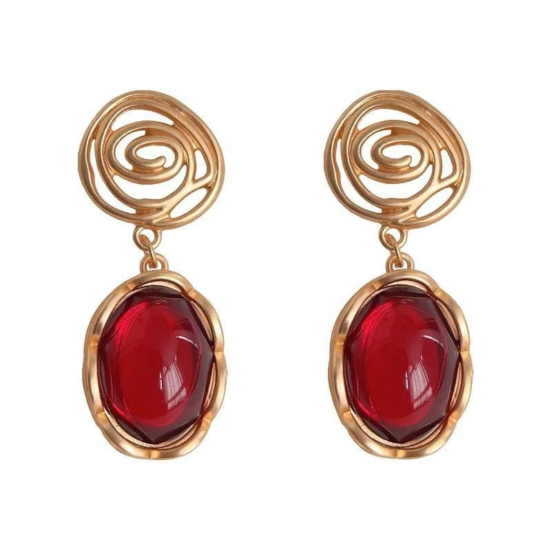 French Retro Gold Plated Copper Burgundy Enamel Geometric Clip On Drop Earrings