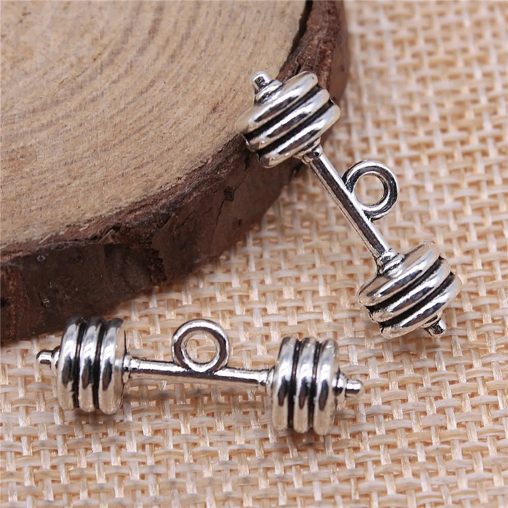 25x7x7mm 2.8g Antique Silver Zinc Alloy Barbell Charm Pendant for Sports Theme DIY Jewelry Making