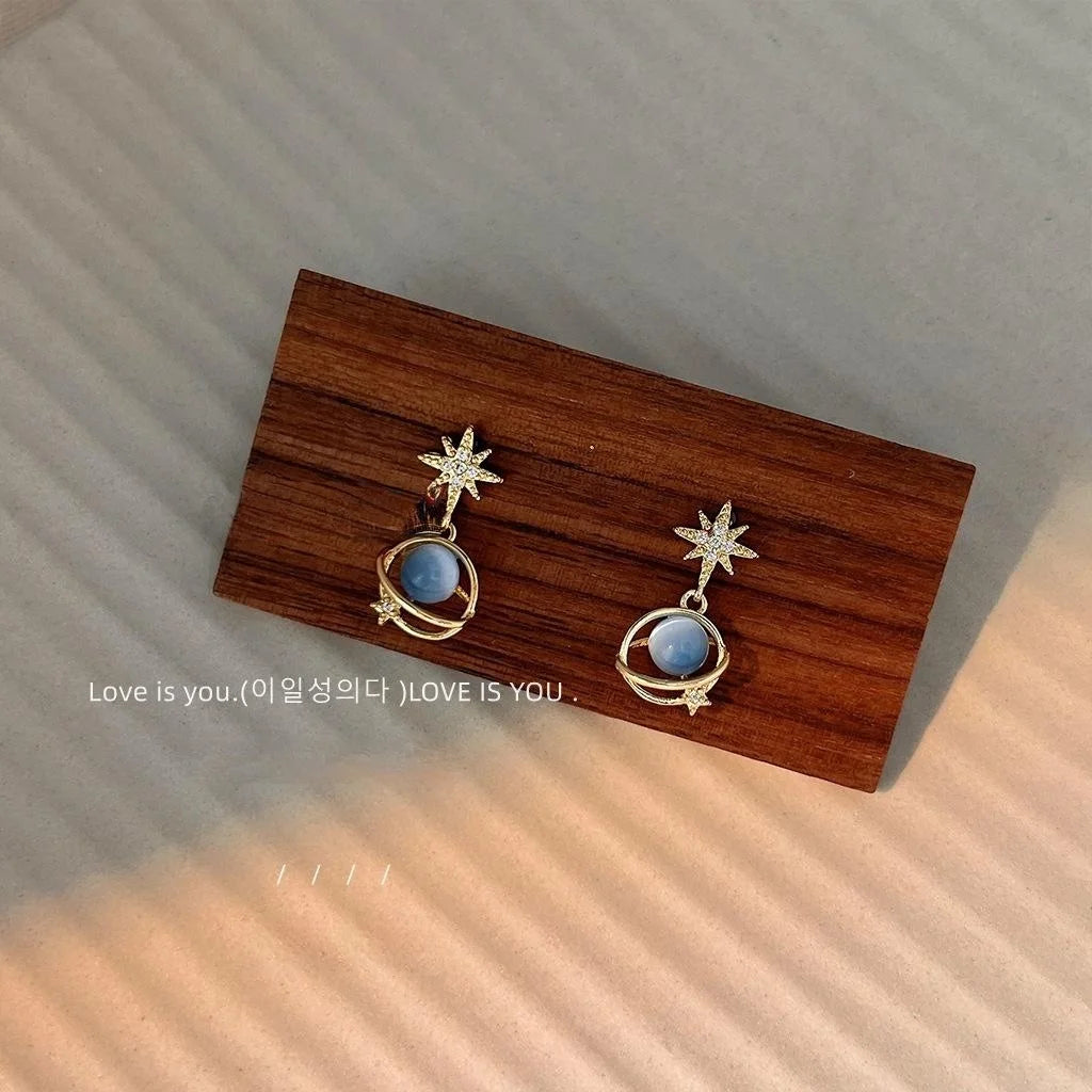 14K Plated Copper Galaxy Star Stud Earrings With Blue Cat Eye Glass And Micro Pave Zircon Style