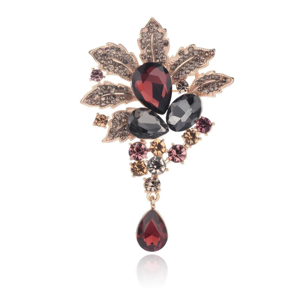 Vintage Crystal Flower Brooch With Teardrop Pendant, Rhinestone Leaf Lapel Pin Luxury Suit Accessory Gift