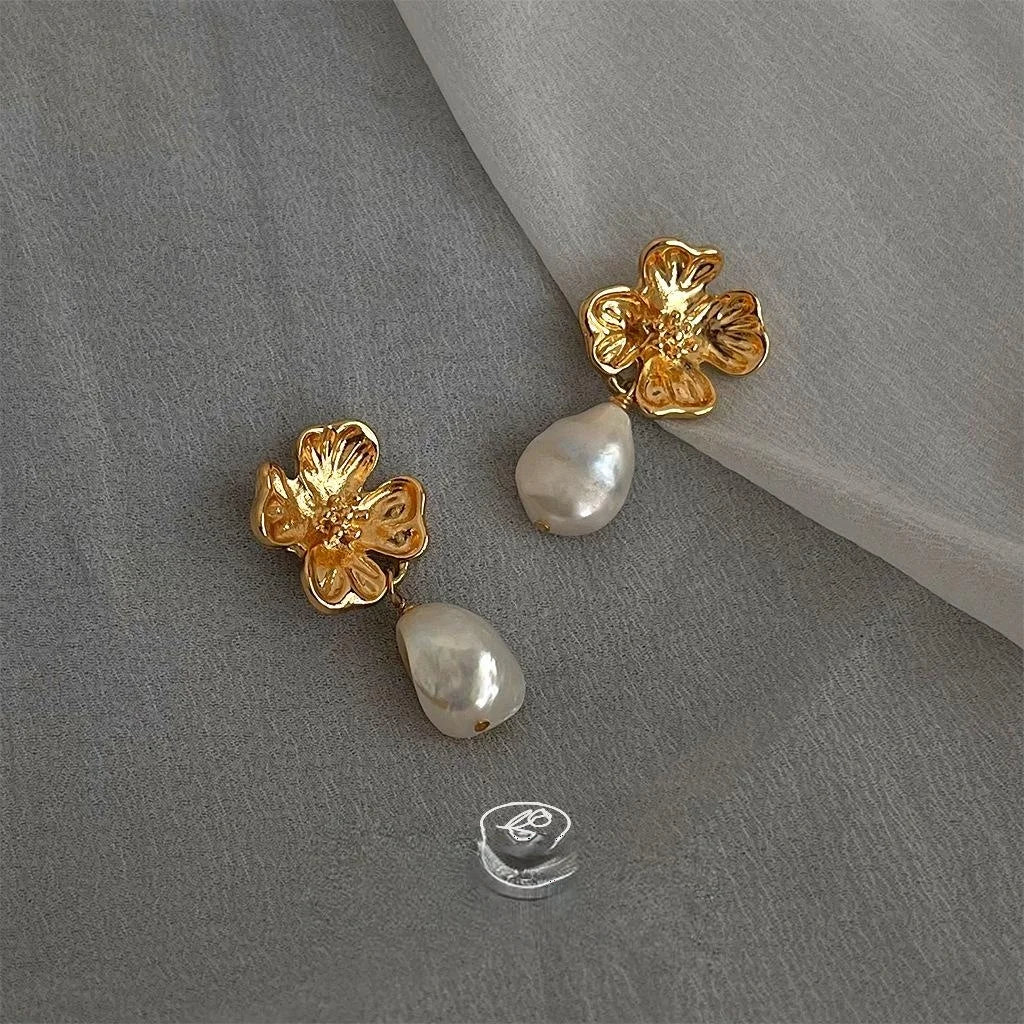 14K Gold Plated Copper Irregular Baroque Freshwater Pearl Flower Drop Earrings