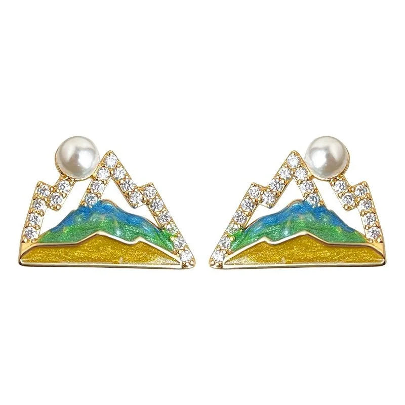 Silver Plated Geometric Pearl Zircon Stud Earrings Hand Painted Enamel Sun Mountain Design